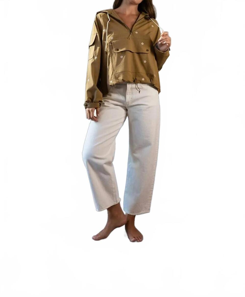 NEW THE GREAT. embroidered cropped trailhead pullover in khaki with daisy